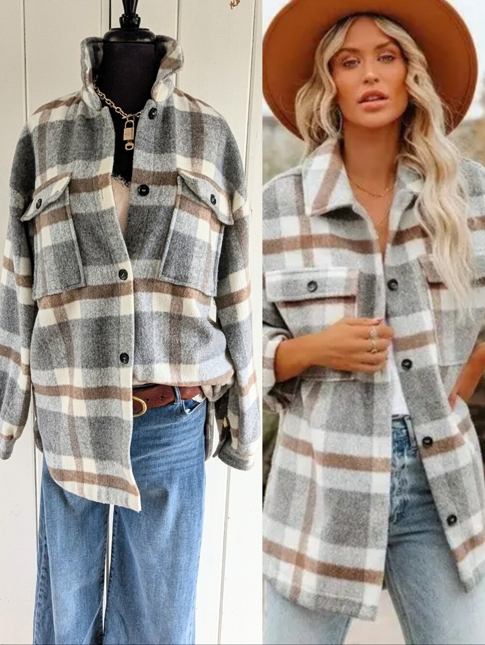 Plaid Shacket Jacket in Gray & Brown - Women's Oversized Button-Up NWOT sz S